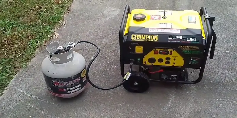 A Champion dual-fuel portable generator connected by a hose to a 20-pound propane cylinder on a driveway