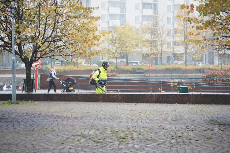A leaf blower in use clearing fallen leaves